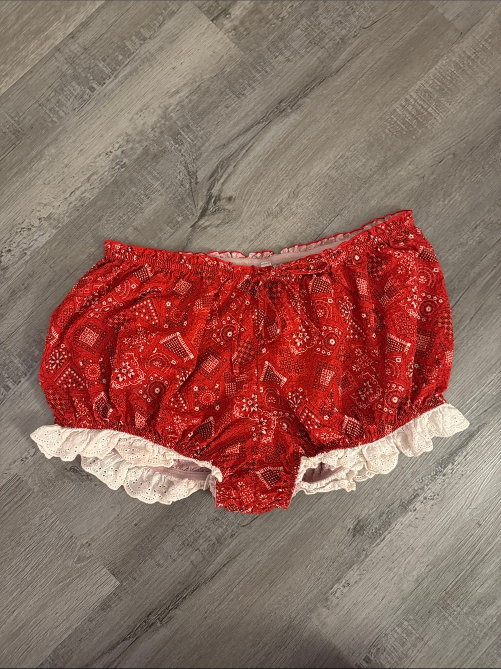 Urban Outfitters Red Paisley Cotton Bloomers with White Lace Trim